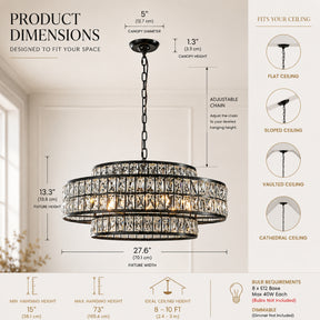 28" Large Crystal Chandelier Matte Black 2-Tier Drum Pendant Light 8-Light Modern Glam Lighting Fixture for Dining Room Living Room