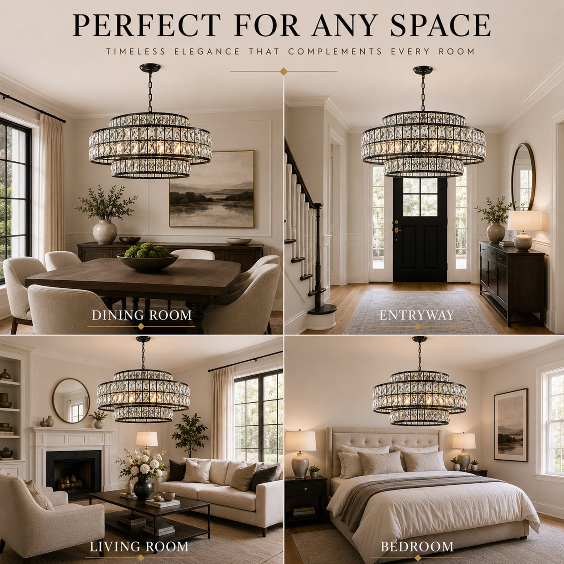 28" Large Crystal Chandelier Matte Black 2-Tier Drum Pendant Light 8-Light Modern Glam Lighting Fixture for Dining Room Living Room