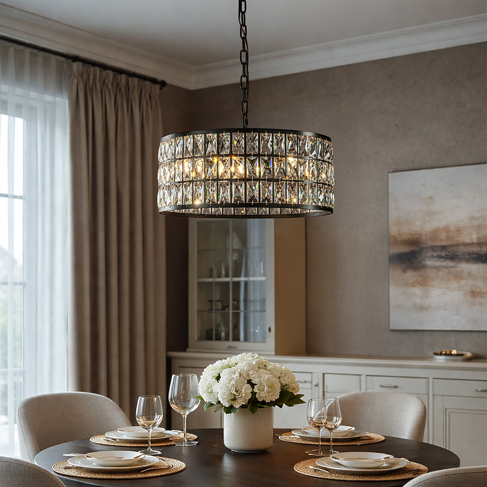 20" Modern Crystal Chandelier Matte Black Finish 6-Light Round Drum Pendant Light Fixture for Dining Room Kitchen