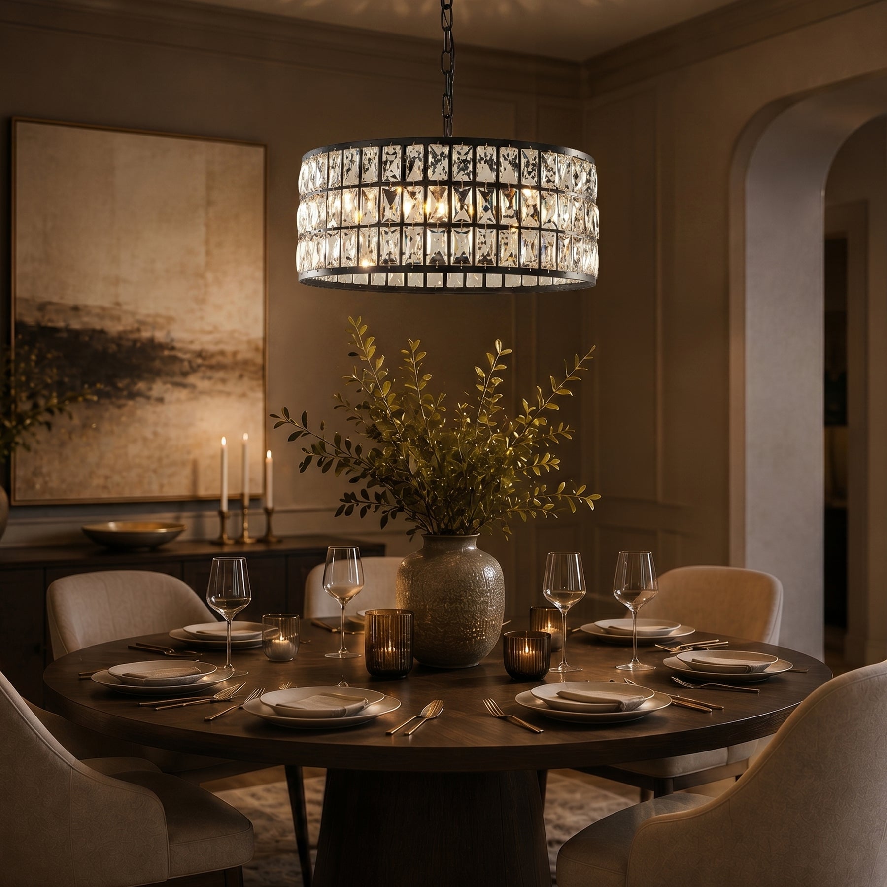 20" Modern Crystal Chandelier Matte Black Finish 6-Light Round Drum Pendant Light Fixture for Dining Room Kitchen