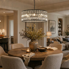 20" Modern Crystal Chandelier Matte Black Finish 6-Light Round Drum Pendant Light Fixture for Dining Room Kitchen