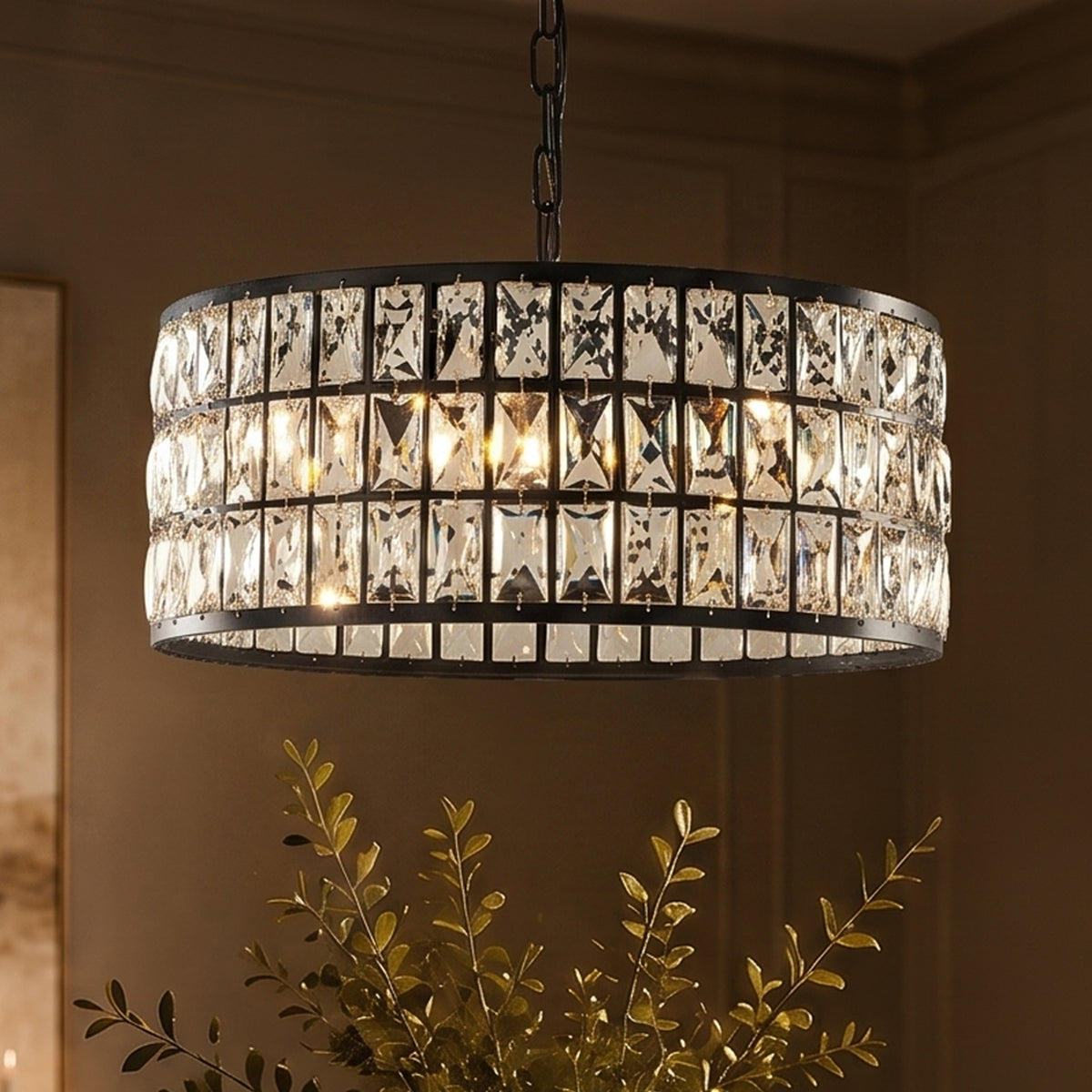 20" Modern Crystal Chandelier Matte Black Finish 6-Light Round Drum Pendant Light Fixture for Dining Room Kitchen