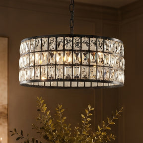 20" Modern Crystal Chandelier Matte Black Finish 6-Light Round Drum Pendant Light Fixture for Dining Room Kitchen