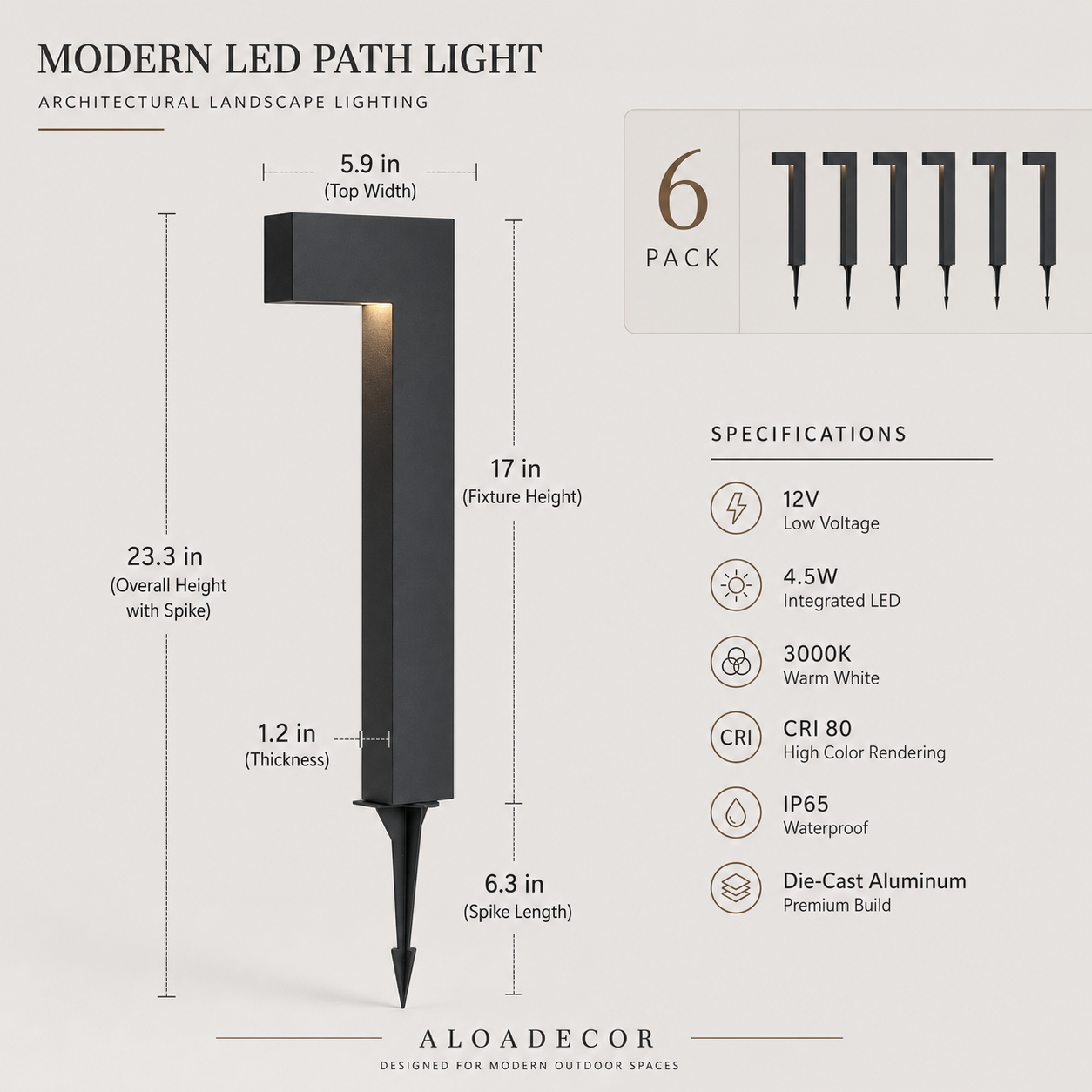 Landscape Pathway Lights wired Low Voltage 12V Modren Black Integrated LED Outdoor Waterproof Warm White Garden & Driveway Pathway lighting, 6 Pack