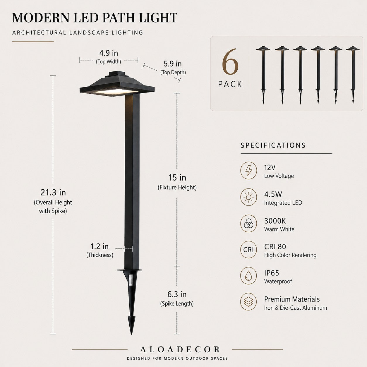 6 pack LED Low Voltage Landscape Path Light 12V, Bright Waterproof Outdoor Pathway Light for Walkway, Garden, Yard & Driveway, Metal Construction with Integrated LED 4.5W