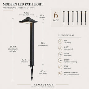 6 pack LED Low Voltage Landscape Path Light 12V, Bright Waterproof Outdoor Pathway Light for Walkway, Garden, Yard & Driveway, Metal Construction with Integrated LED 4.5W