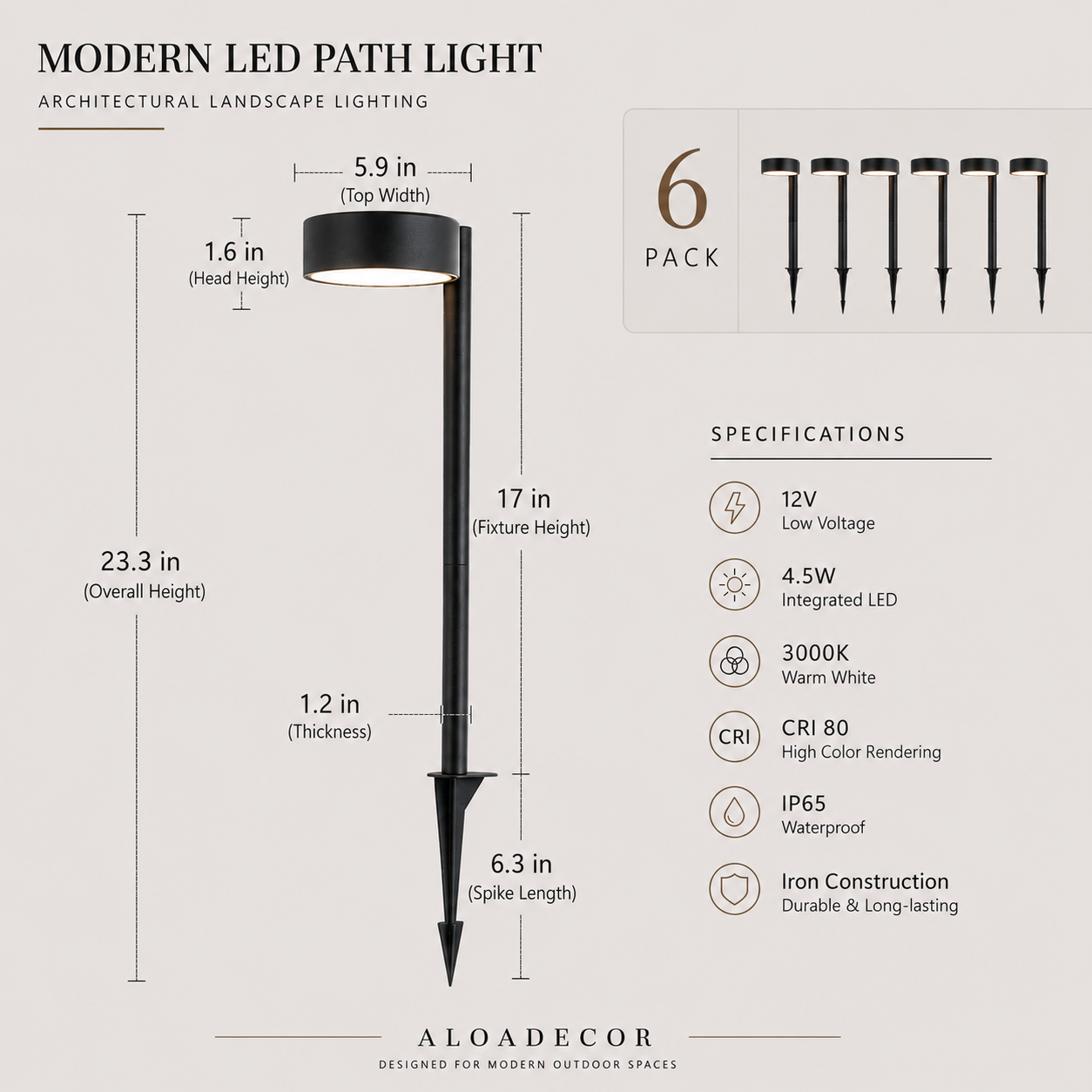 Low Voltage LED Landscape Path Light, 12V Outdoor Metal Pathway Light, Waterproof Warm White Walkway & Garden Lighting with Integrated LED, Heavy-Duty Aluminum Yard Lamp 6 Pack