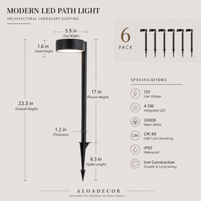 Low Voltage LED Landscape Path Light, 12V Outdoor Metal Pathway Light, Waterproof Warm White Walkway & Garden Lighting with Integrated LED, Heavy-Duty Aluminum Yard Lamp 6 Pack