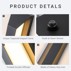 H22" Large Dusk to Dawn Modern Outdoor Wall Light 24W Integrated LED Exterior Wall Sconce with Black Trapezoid Design and Acrylic Shade for Garage Entryway