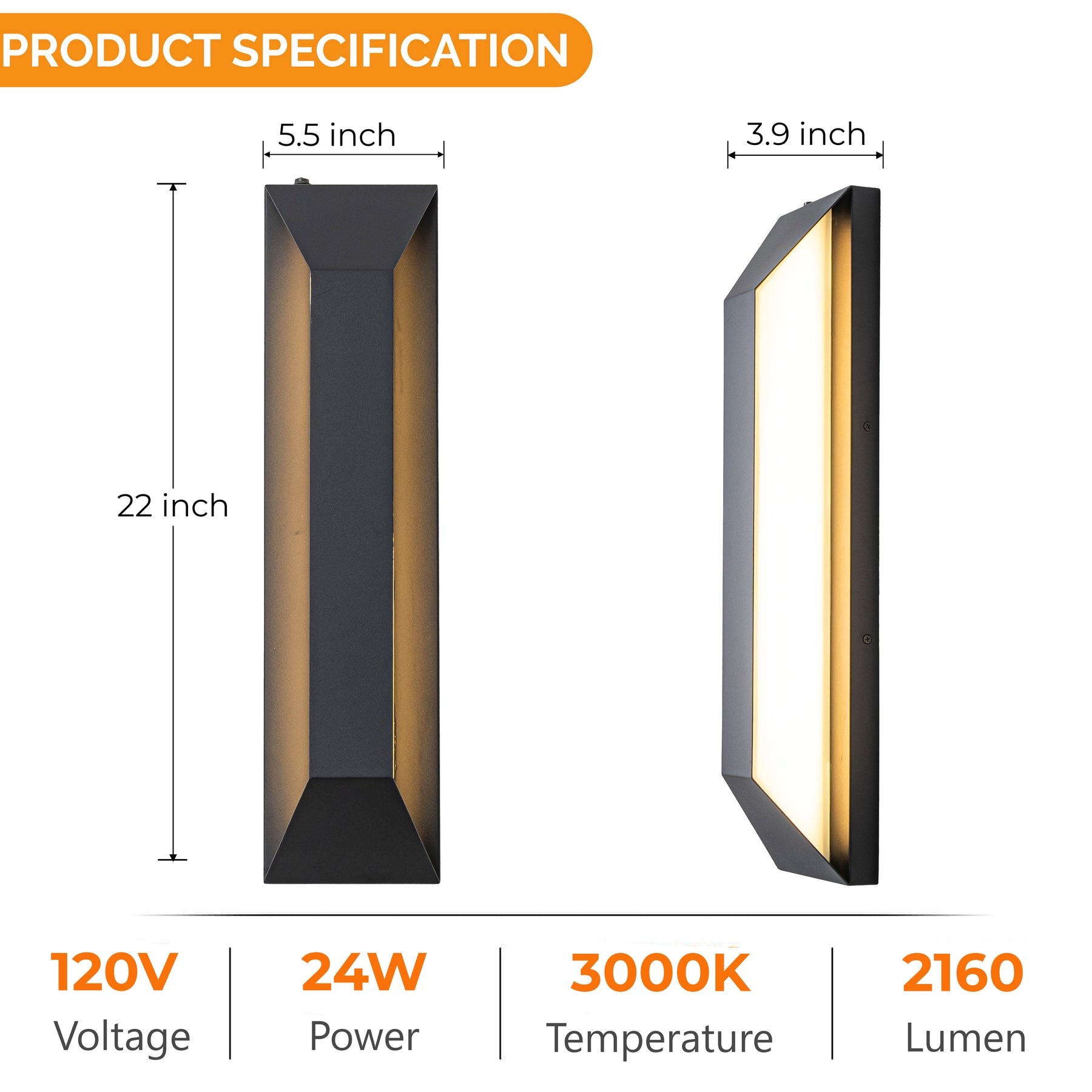 H22" Large Dusk to Dawn Modern Outdoor Wall Light 24W Integrated LED Exterior Wall Sconce with Black Trapezoid Design and Acrylic Shade for Garage Entryway