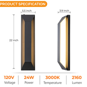 H22" Large Dusk to Dawn Modern Outdoor Wall Light 24W Integrated LED Exterior Wall Sconce with Black Trapezoid Design and Acrylic Shade for Garage Entryway