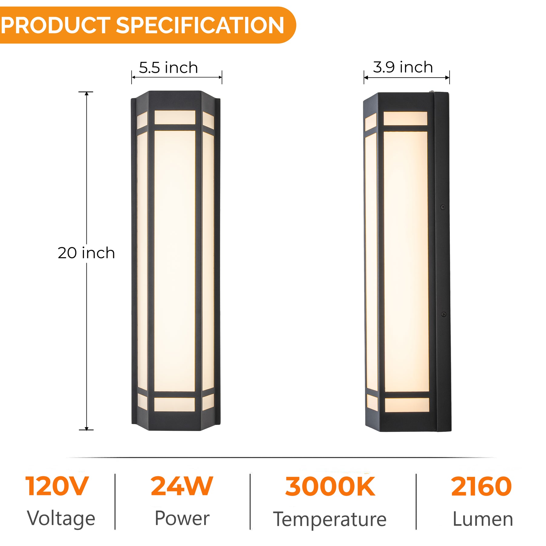 H20" Modern Craftsman Style Exterior Wall Sconce in Black with Frosted Acrylic Shade 24W Integrated LED Outdoor Wall Light with Dusk to Dawn Sensor for Garage Patio