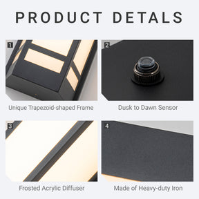 H20" Modern Craftsman Style Exterior Wall Sconce in Black with Frosted Acrylic Shade 24W Integrated LED Outdoor Wall Light with Dusk to Dawn Sensor for Garage Patio