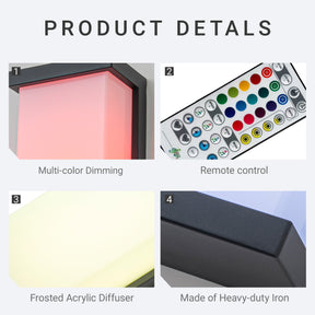 H20" Smart RGB Outdoor Wall Light Modern Large Integrated LED Wall Sconce with Remote and App Control Weather-Resistant Cast Iron Exterior Light Fixture for Porch Garage Garden