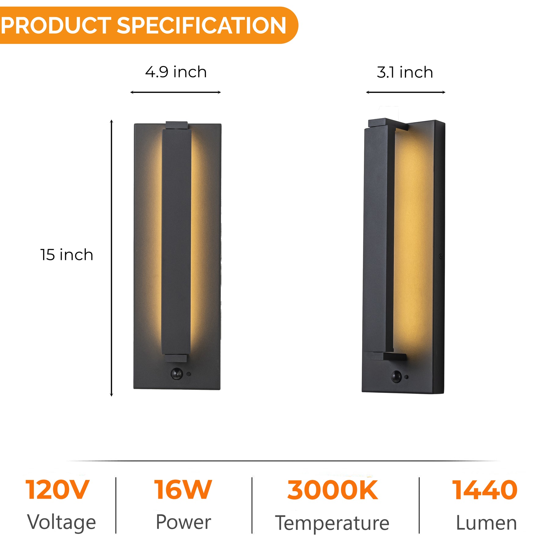 H15" Modern Motion Sensor Outdoor Wall Light 23W Integrated LED Wall Sconce Matte Black Iron Exterior Light Fixture for Porch Garage Patio