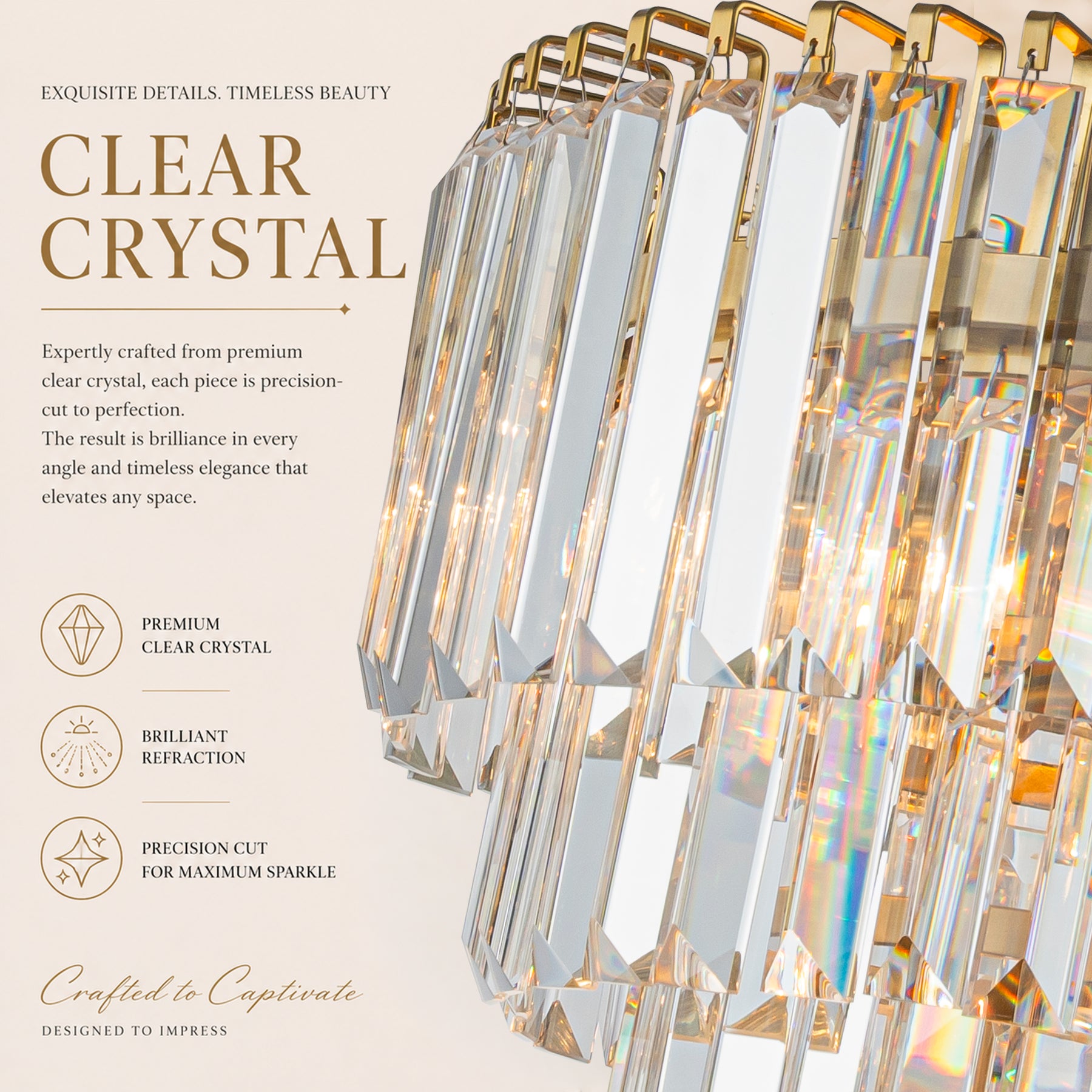 14 in. Crystal Chandelier Ceiling Light Fixture Warm Brass Metal Frame for Dining Room Entryway Indoor Hanging Light