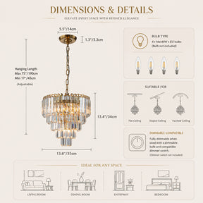 14 in. Crystal Chandelier Ceiling Light Fixture Warm Brass Metal Frame for Dining Room Entryway Indoor Hanging Light