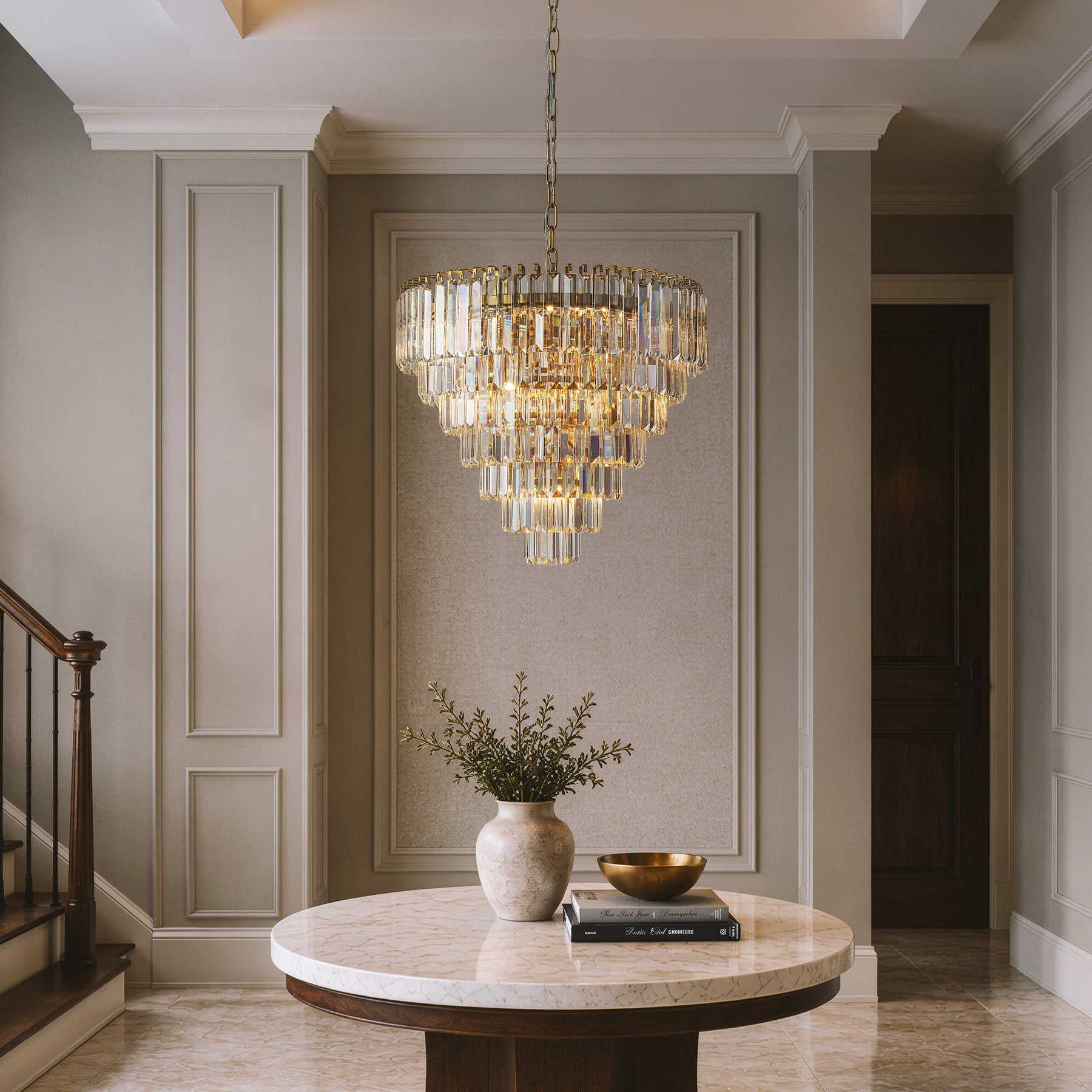 20 in. Crystal Chandelier Ceiling Light Fixture in Warm Brass with Metal Frame for Dining Room or Entryway