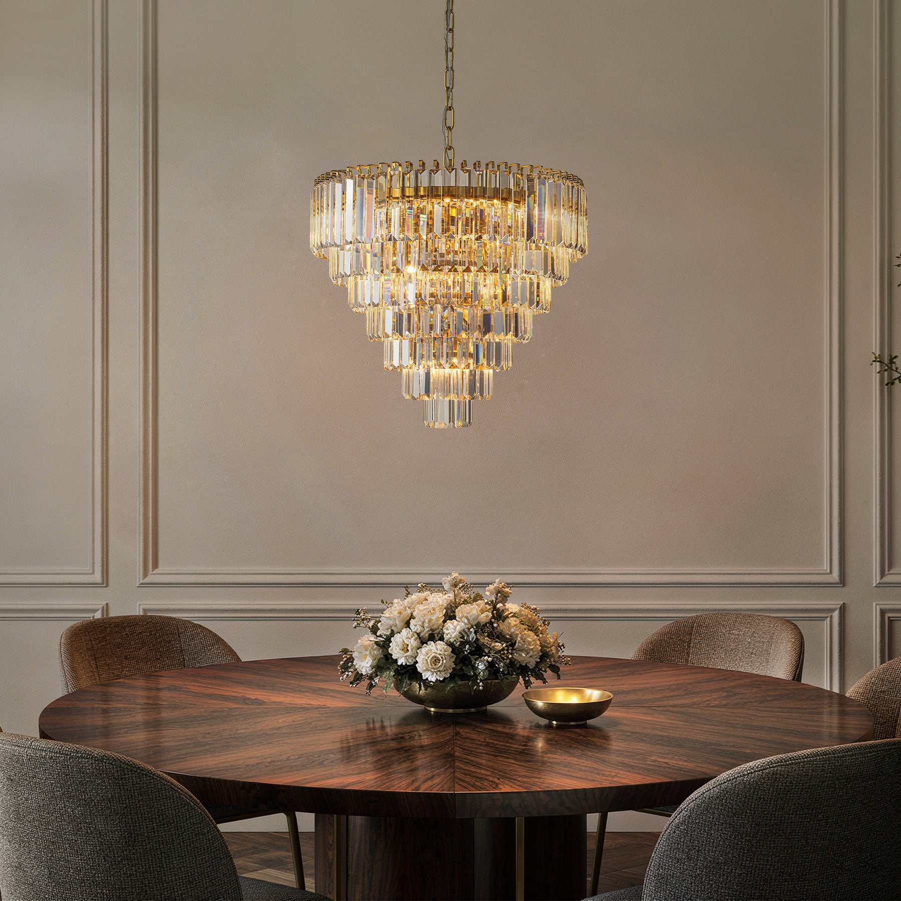 20 in. Crystal Chandelier Ceiling Light Fixture in Warm Brass with Metal Frame for Dining Room or Entryway
