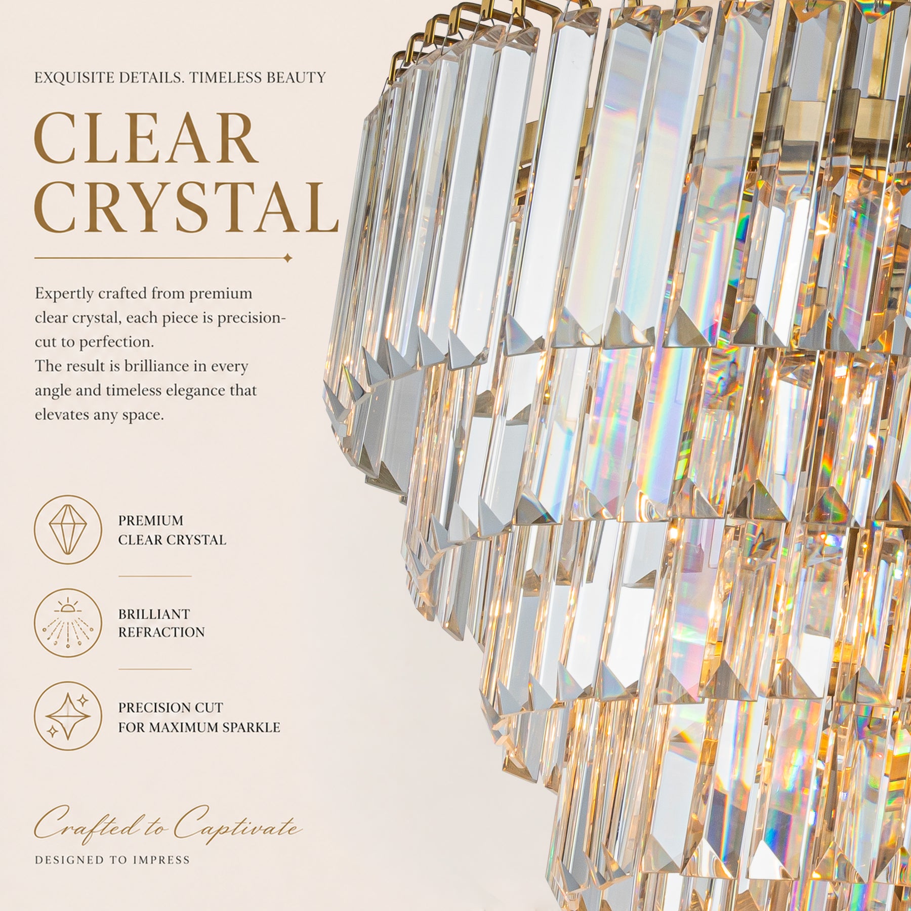 20 in. Crystal Chandelier Ceiling Light Fixture in Warm Brass with Metal Frame for Dining Room or Entryway