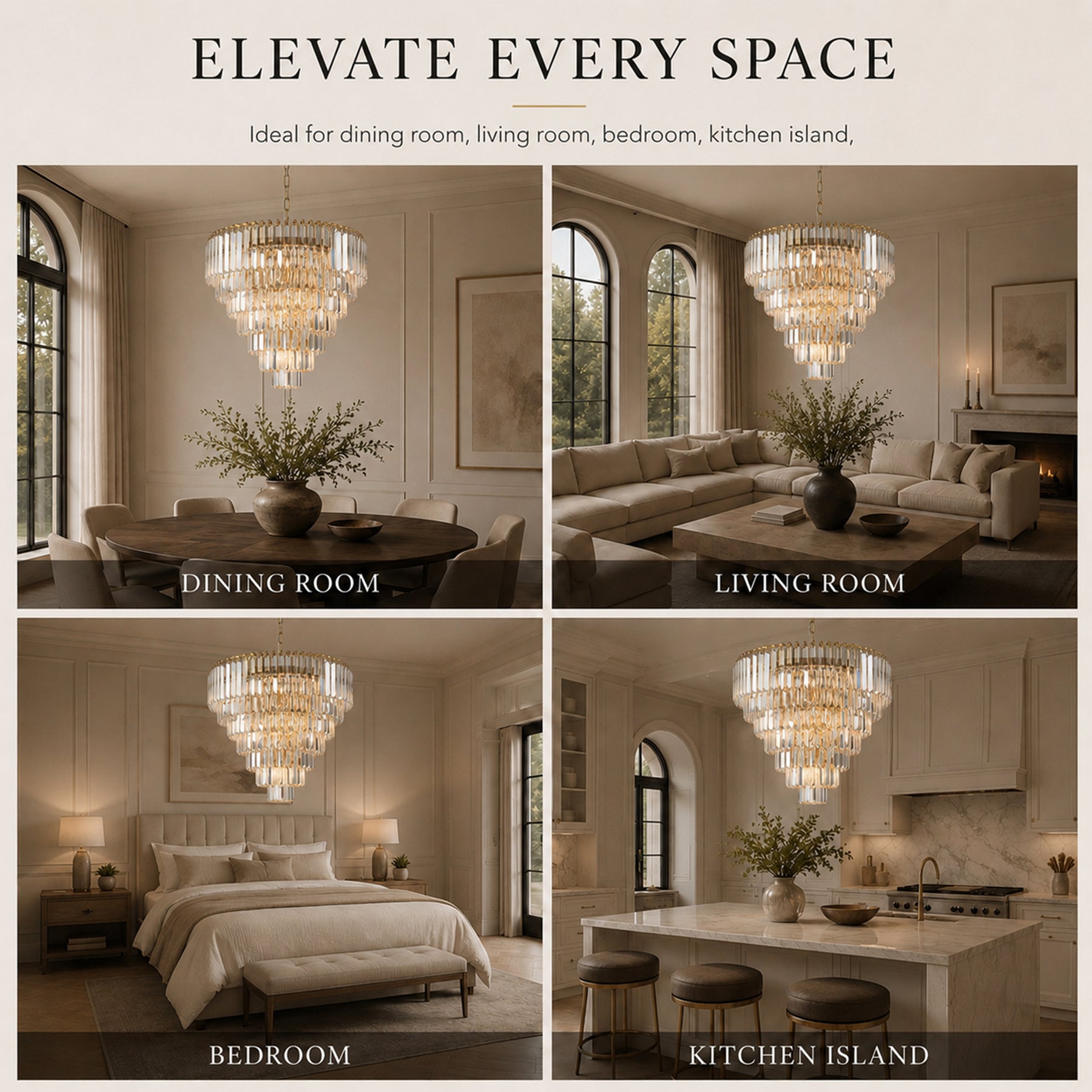 20 in. Crystal Chandelier Ceiling Light Fixture in Warm Brass with Metal Frame for Dining Room or Entryway