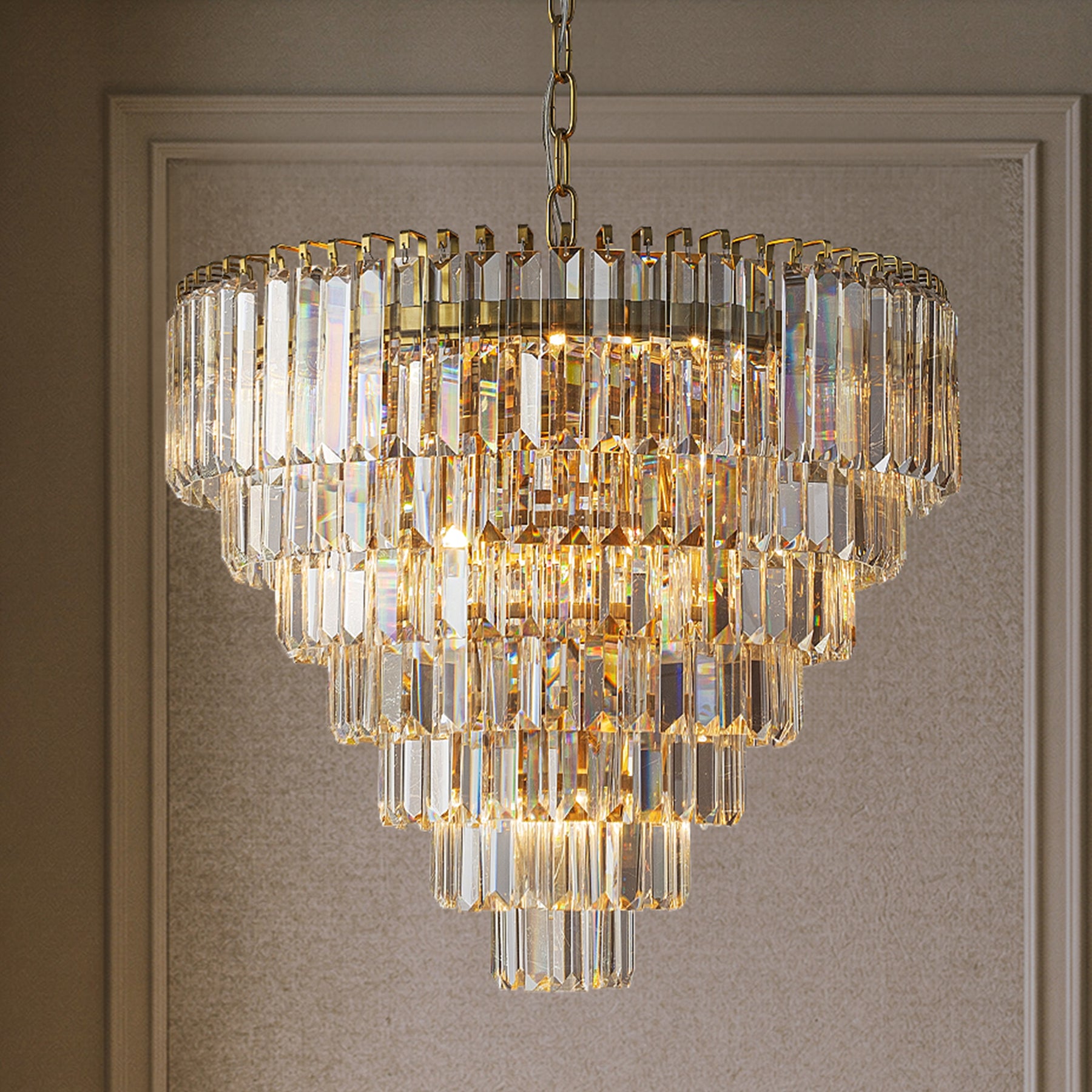20 in. Crystal Chandelier Ceiling Light Fixture in Warm Brass with Metal Frame for Dining Room or Entryway