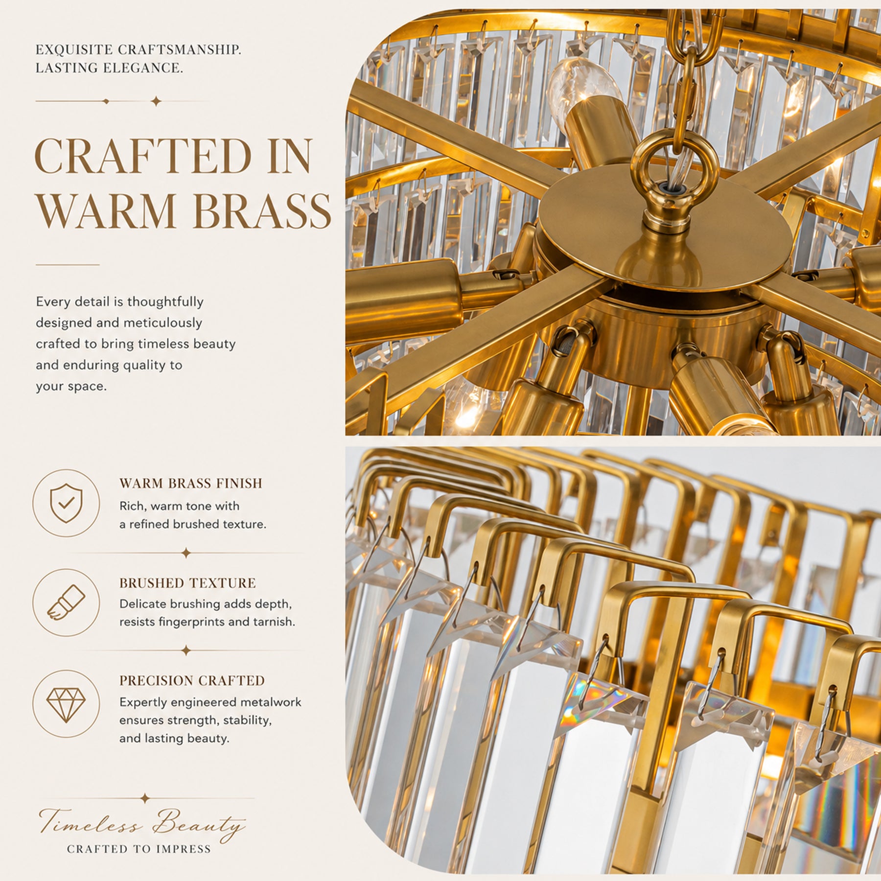20 in. Crystal Chandelier Ceiling Light Fixture in Warm Brass with Metal Frame for Dining Room or Entryway