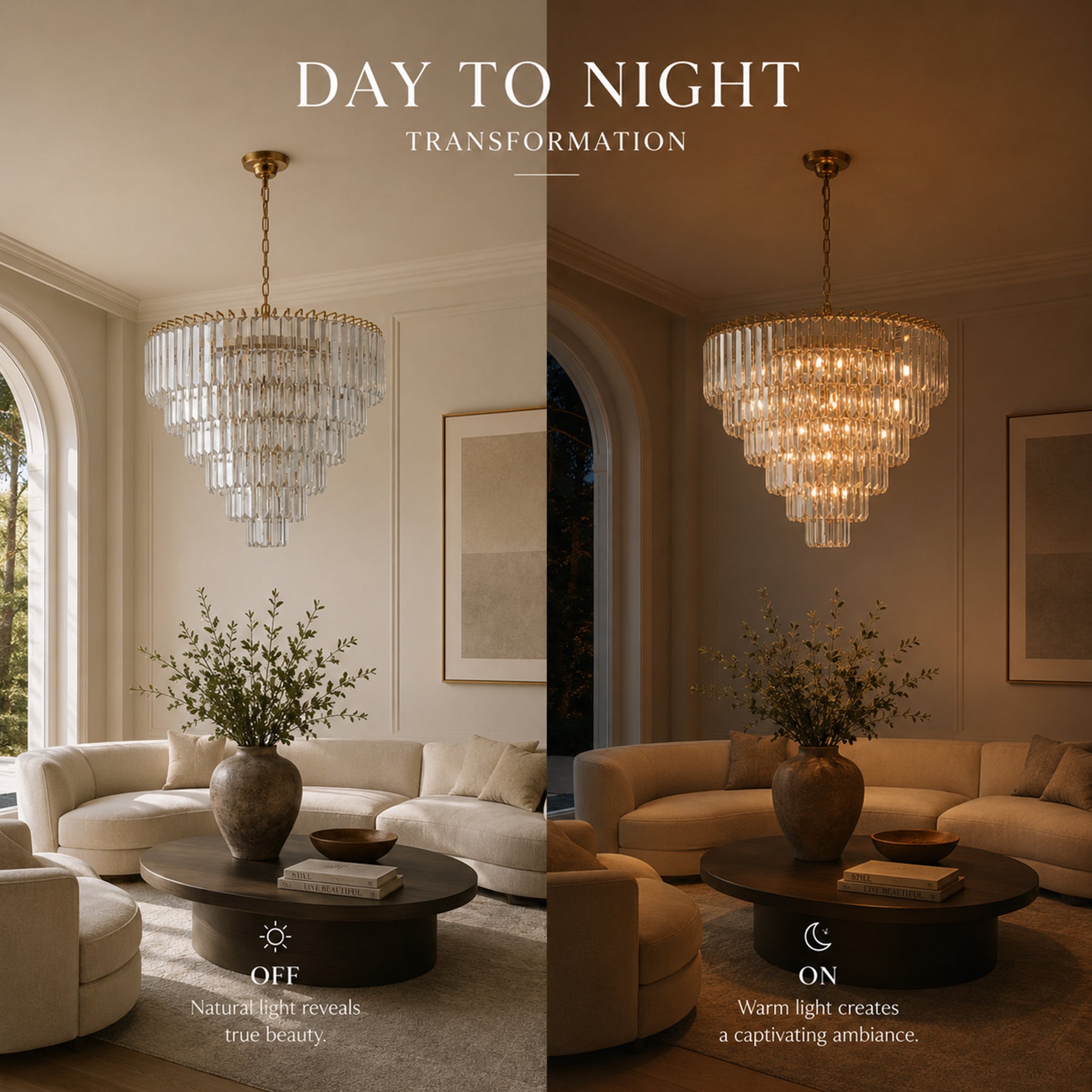 20 in. Crystal Chandelier Ceiling Light Fixture in Warm Brass with Metal Frame for Dining Room or Entryway