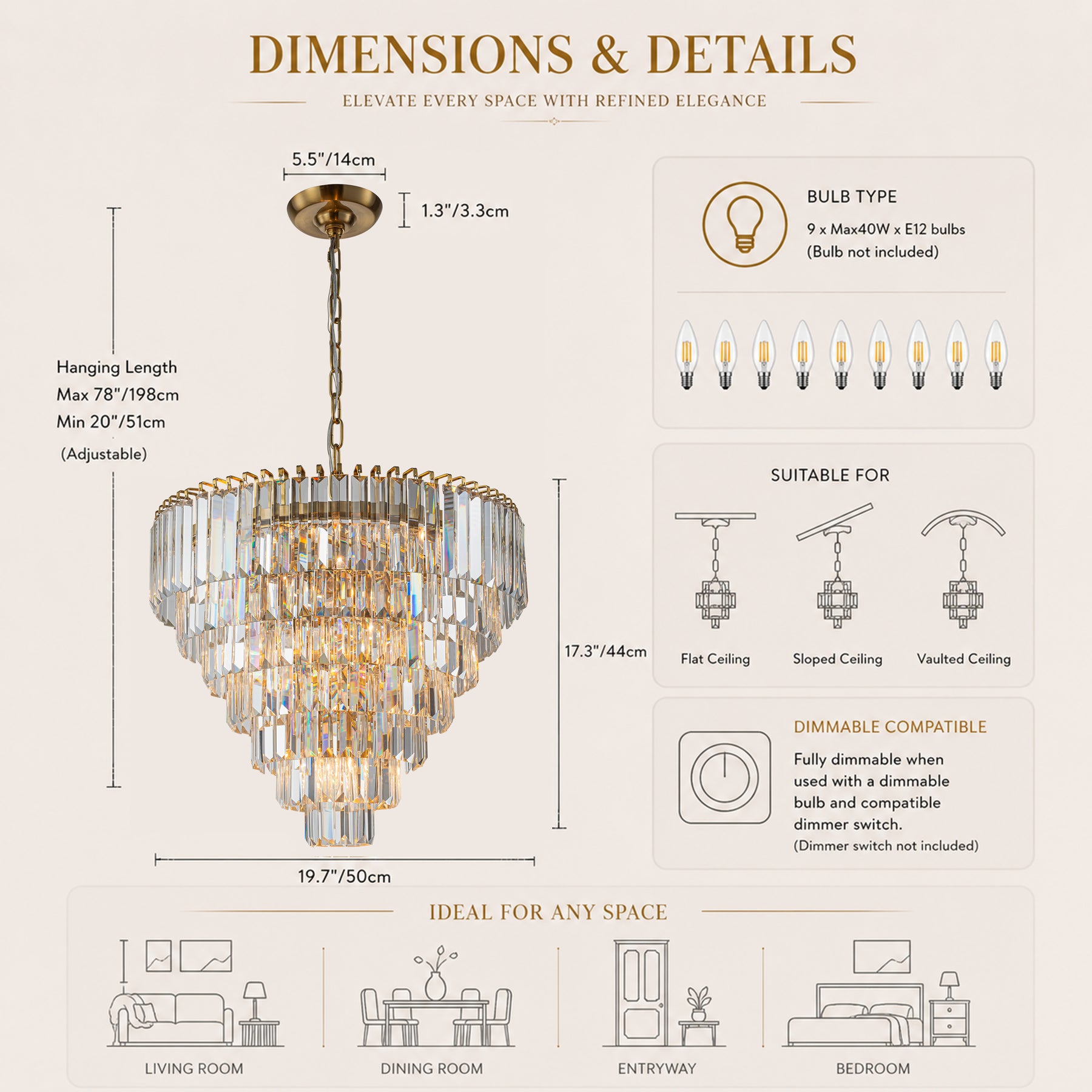 20 in. Crystal Chandelier Ceiling Light Fixture in Warm Brass with Metal Frame for Dining Room or Entryway