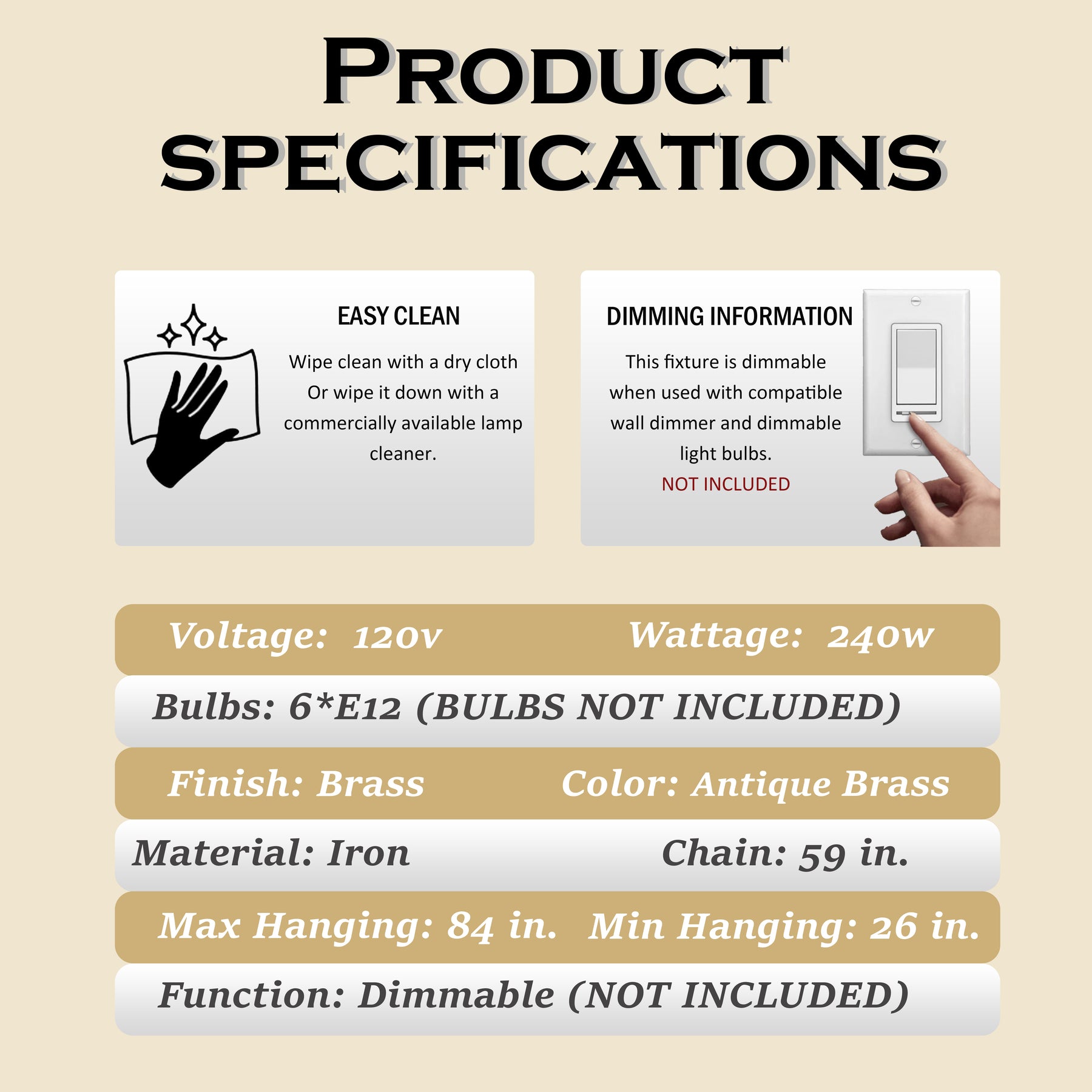 24'' 6-Light Dimmable French Country Chandelier in Antique Brass Adjustable Vintage Candle Style Pendant Lighting for Dining Room or Foyer