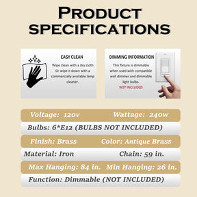 24'' 6-Light Dimmable French Country Chandelier in Antique Brass Adjustable Vintage Candle Style Pendant Lighting for Dining Room or Foyer