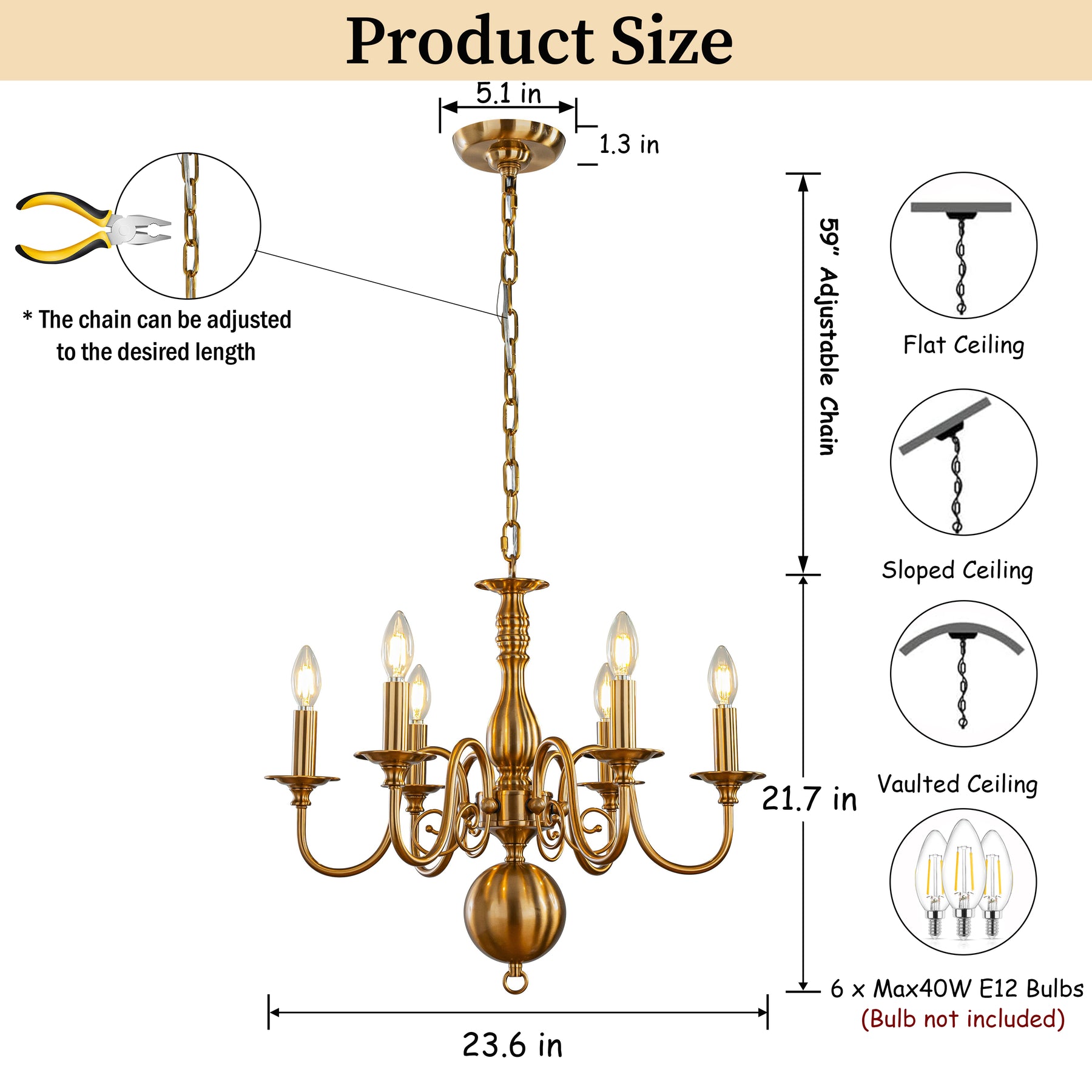 24'' 6-Light Dimmable French Country Chandelier in Antique Brass Adjustable Vintage Candle Style Pendant Lighting for Dining Room or Foyer