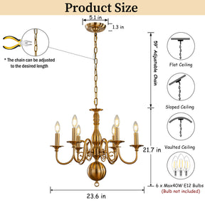 24'' 6-Light Dimmable French Country Chandelier in Antique Brass Adjustable Vintage Candle Style Pendant Lighting for Dining Room or Foyer