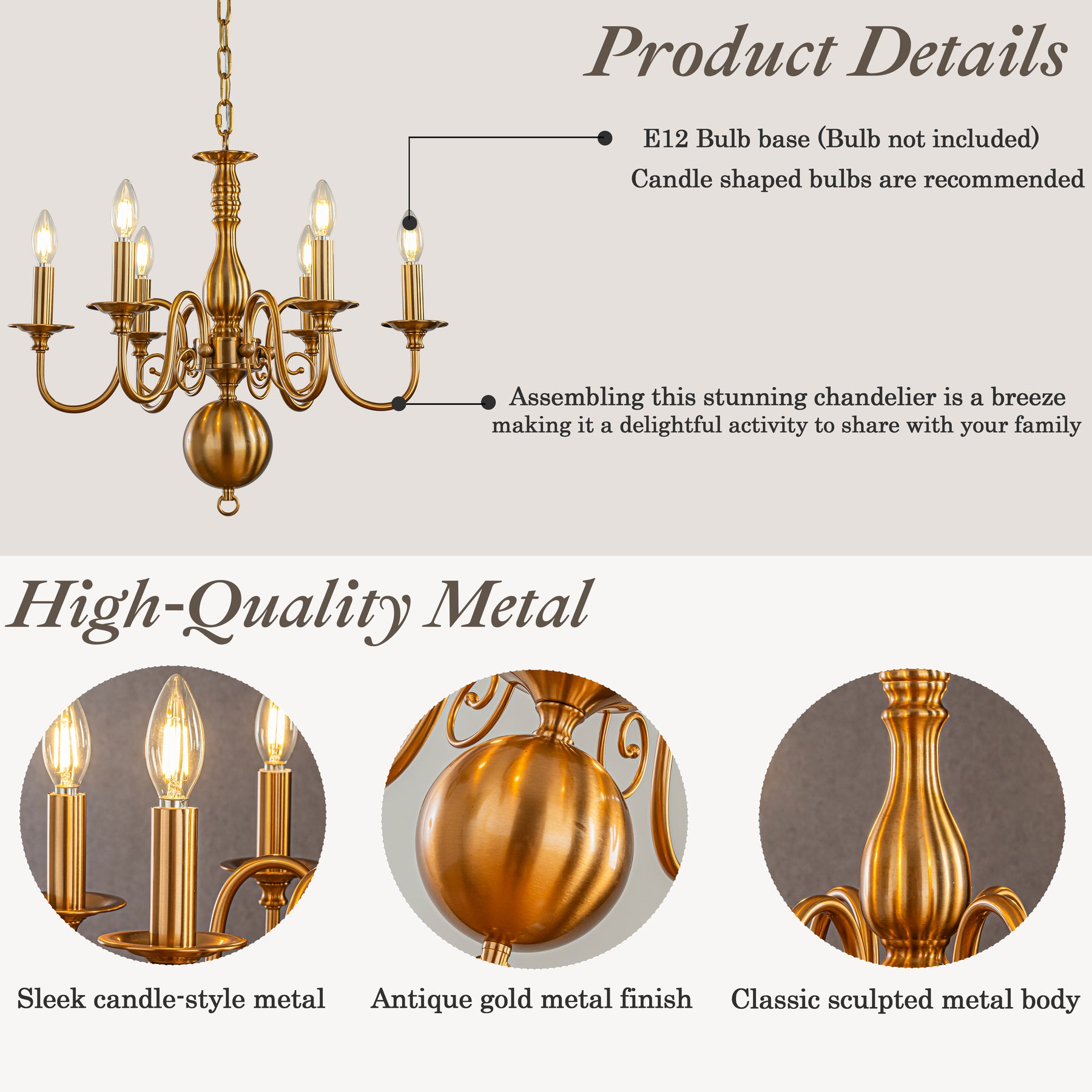 24'' 6-Light Dimmable French Country Chandelier in Antique Brass Adjustable Vintage Candle Style Pendant Lighting for Dining Room or Foyer