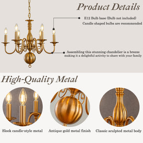 24'' 6-Light Dimmable French Country Chandelier in Antique Brass Adjustable Vintage Candle Style Pendant Lighting for Dining Room or Foyer