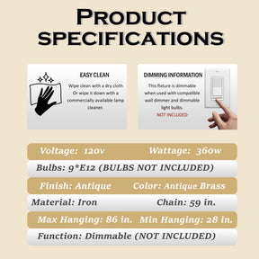 26'' 9-Light French Country Chandelier Antique Brass Finish 2-Tier Candle Style Pendant Lighting for Dining Room Living Room or Foyer