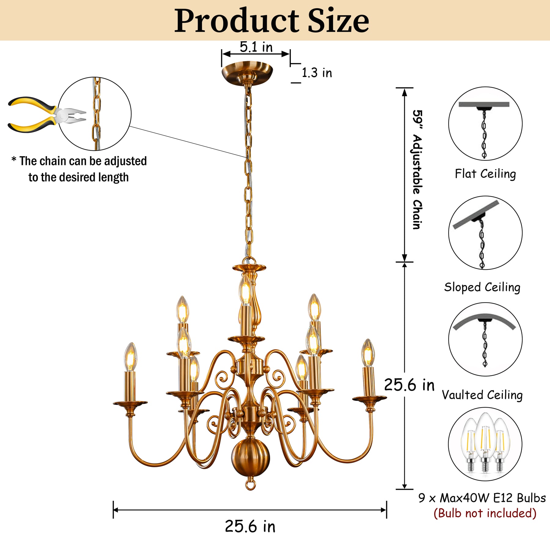 26'' 9-Light French Country Chandelier Antique Brass Finish 2-Tier Candle Style Pendant Lighting for Dining Room Living Room or Foyer