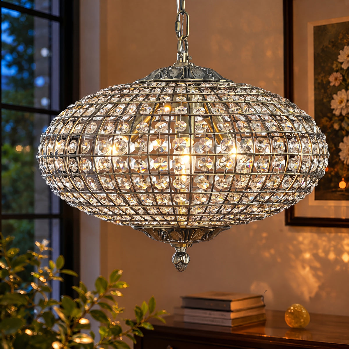 17" Wide 3-Light Retro French Handcrafted Bird Cage Crystal Chandelier in Antique Bronze With Vintage Patina Dimmable