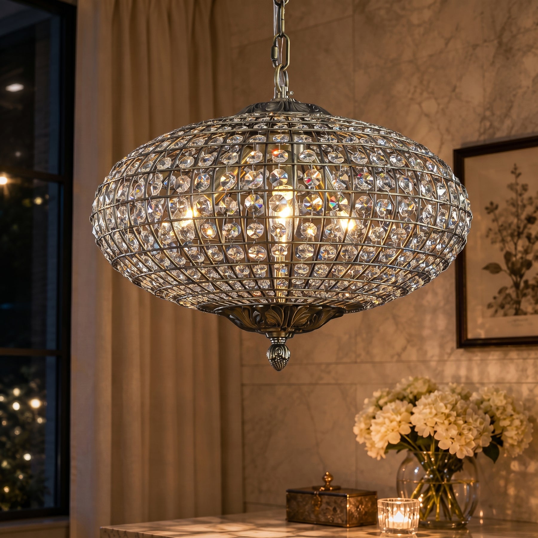 17" Wide 3-Light Retro French Handcrafted Bird Cage Crystal Chandelier in Antique Bronze With Vintage Patina Dimmable