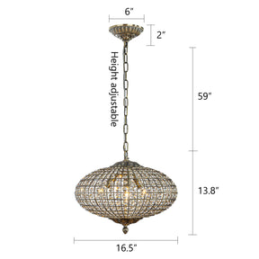 17'' Wide 3-Light Retro French Crystal Drum Chandelier in Antique Bronze With Vintage Patina Dimmable
