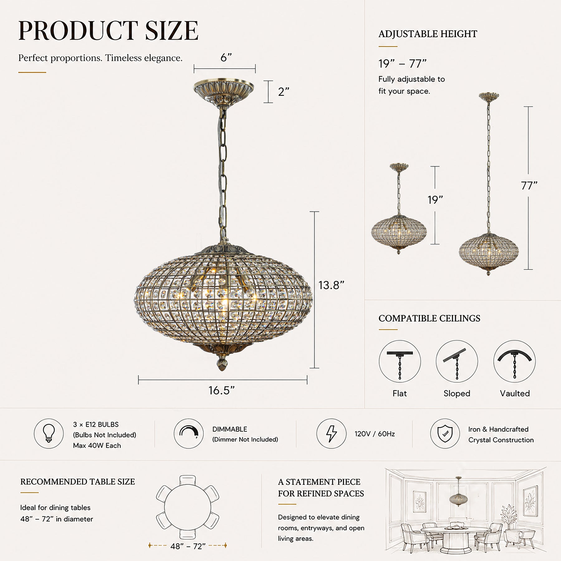 17" Wide 3-Light Retro French Handcrafted Bird Cage Crystal Chandelier in Antique Bronze With Vintage Patina Dimmable