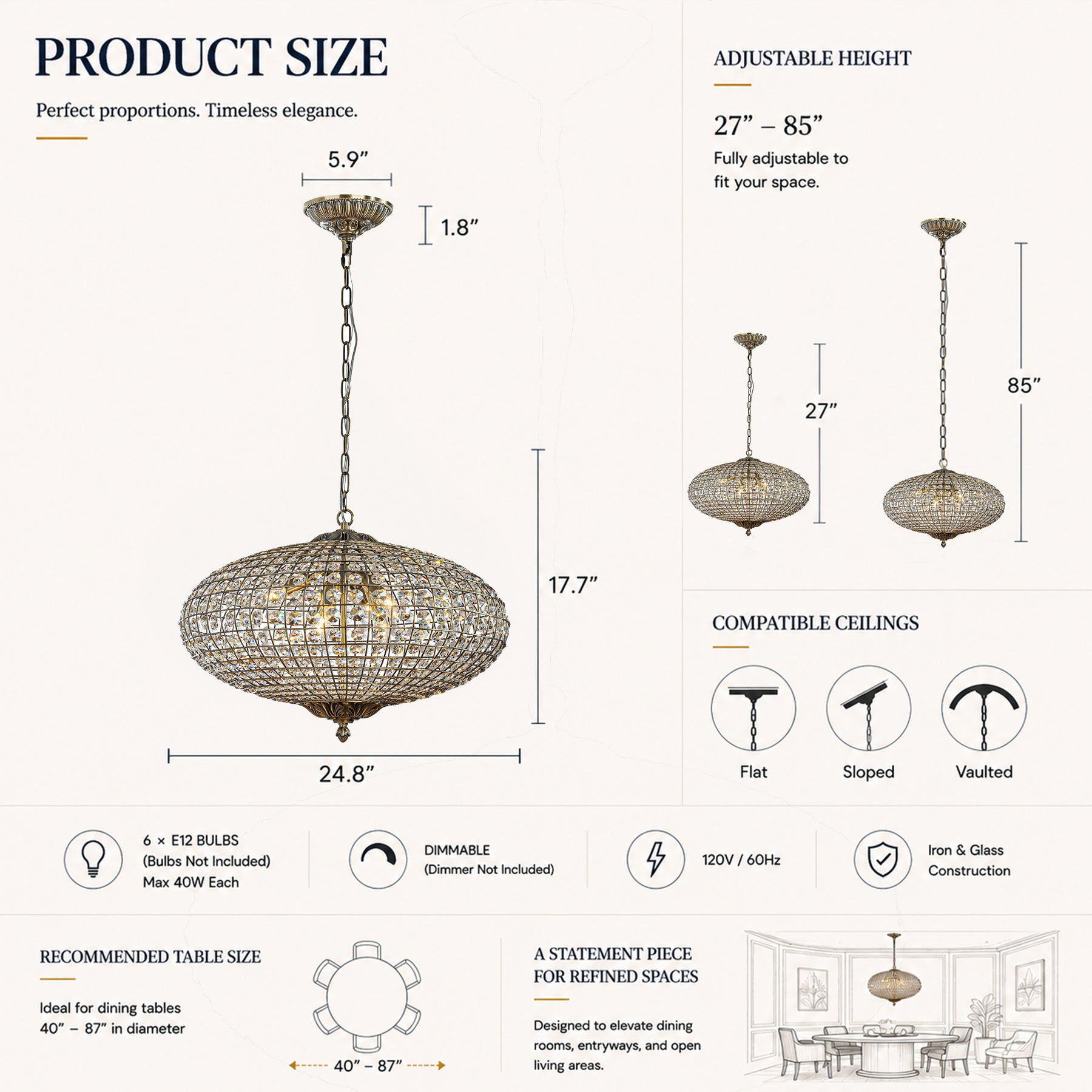 25'' Wide 6-Light Retro French Crystal Drum Chandelier in Antique Bronze With Vintage Patina Dimmable for Dining Room or Bedroom