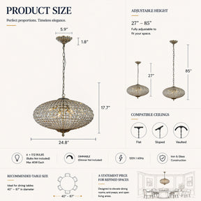 25'' Wide 6-Light Retro French Crystal Drum Chandelier in Antique Bronze With Vintage Patina Dimmable for Dining Room or Bedroom