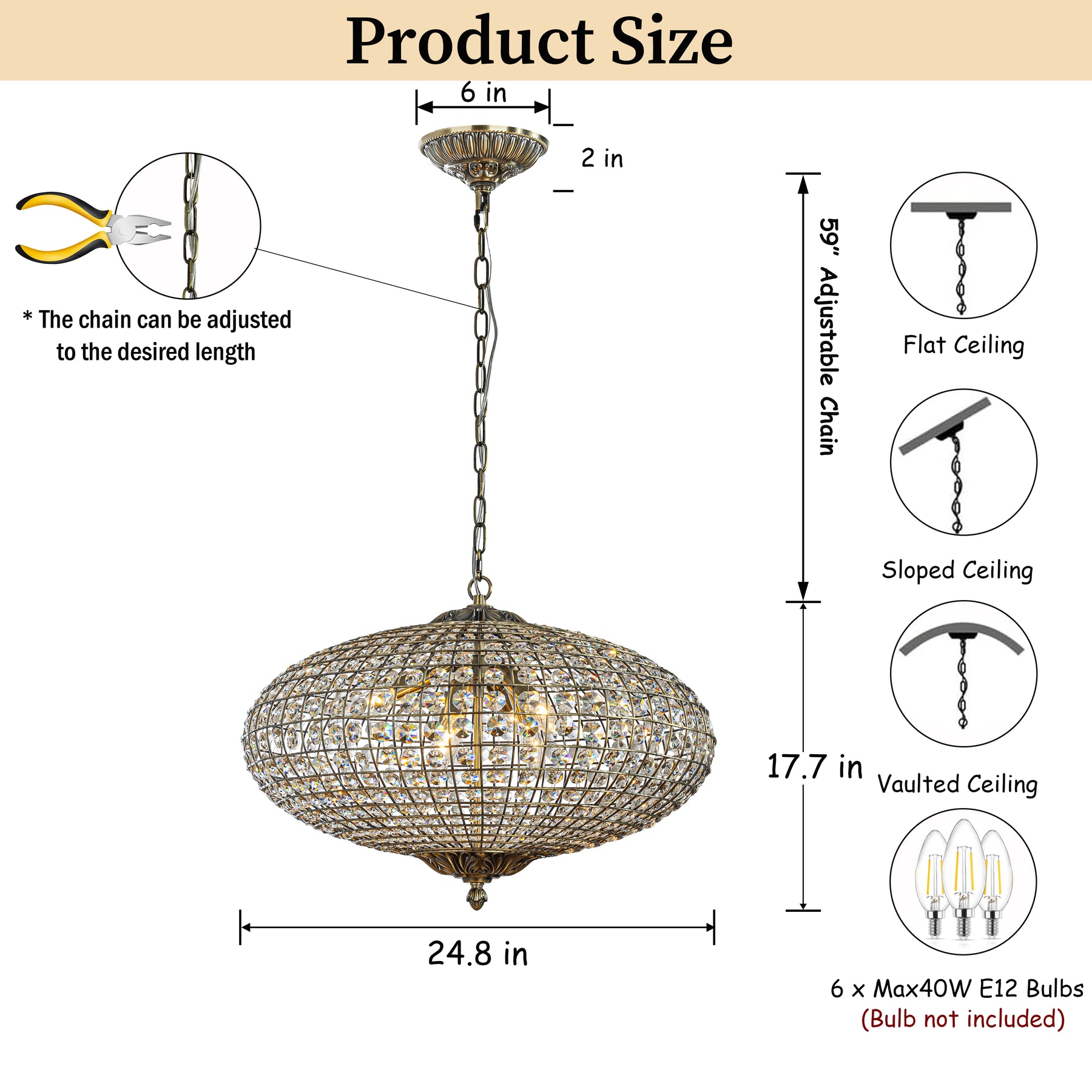 25'' Wide 6-Light Retro French Crystal Drum Chandelier in Antique Bronze With Vintage Patina Dimmable for Dining Room or Bedroom