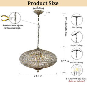 25'' Wide 6-Light Retro French Crystal Drum Chandelier in Antique Bronze With Vintage Patina Dimmable for Dining Room or Bedroom