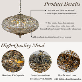 25'' Wide 6-Light Retro French Crystal Drum Chandelier in Antique Bronze With Vintage Patina Dimmable for Dining Room or Bedroom