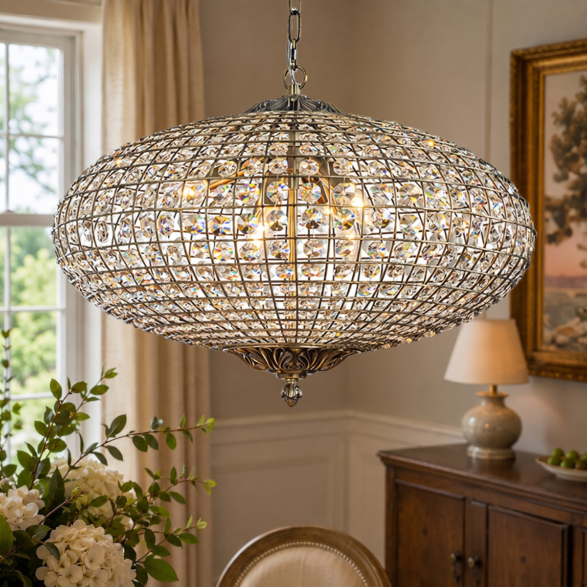 25'' Wide 6-Light Retro French Crystal Drum Chandelier in Antique Bronze With Vintage Patina Dimmable for Dining Room or Bedroom