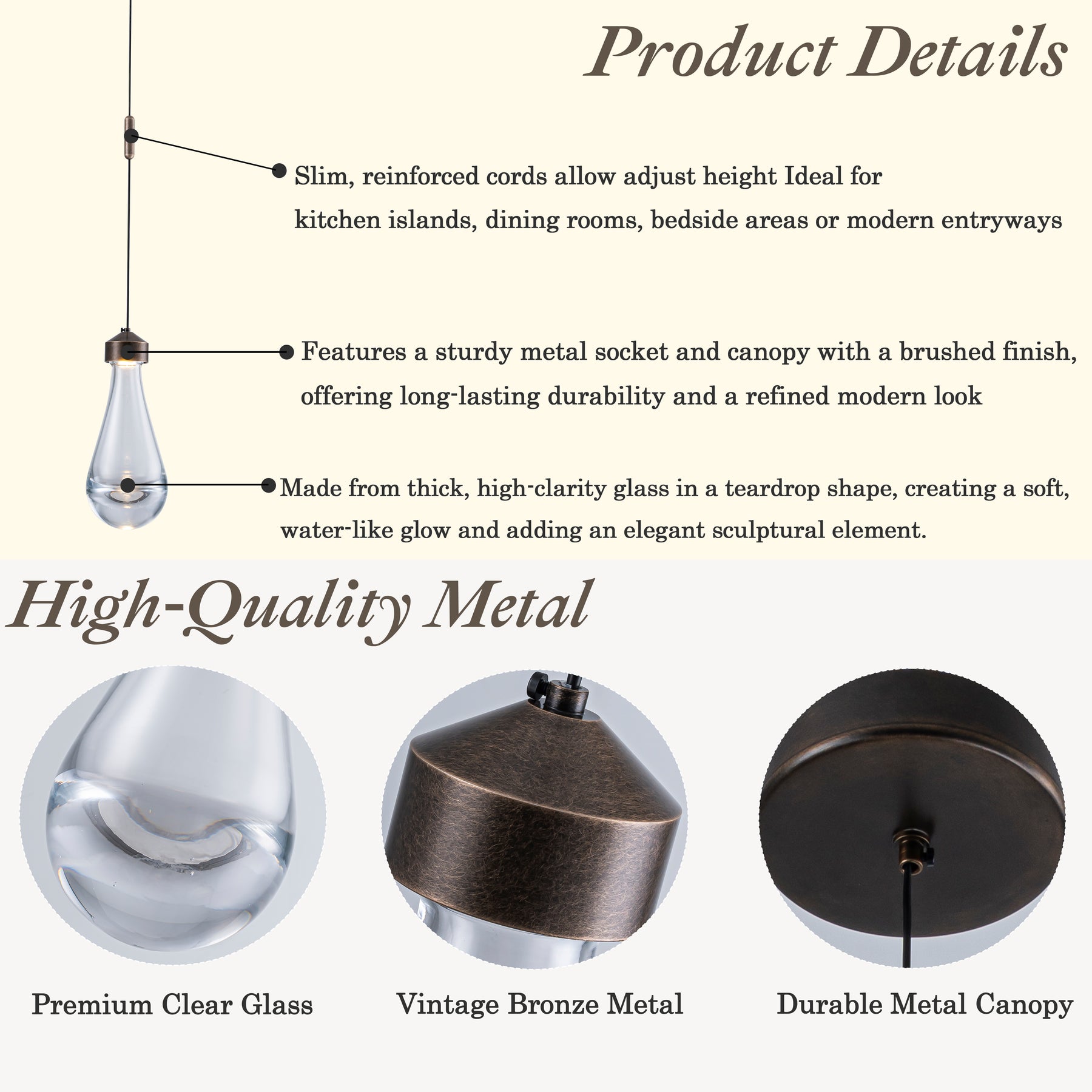 1-Light 5" Modern Teardrop Glass Integrated LED Pendant Light In Bronze Finish for Kitchen Island or Study Room