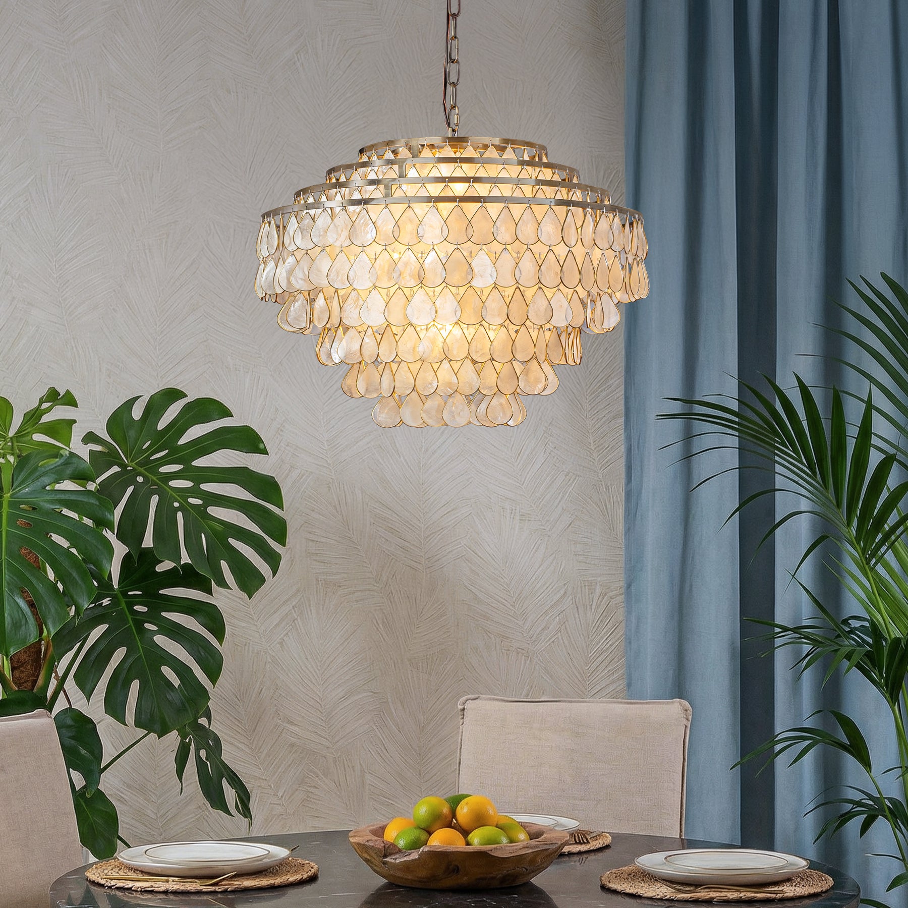 7-Light 24'' Mid-Century Modern Coastal Aged Bronze  4-Tier Natural Capiz Shell Chandelier Vintage Glam Pendant Light For Dining Room Living Room or Foyer