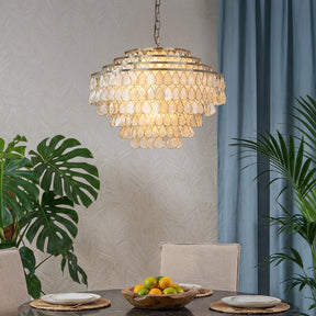 7-Light 24'' Mid-Century Modern Coastal Aged Bronze  4-Tier Natural Capiz Shell Chandelier Vintage Glam Pendant Light For Dining Room Living Room or Foyer